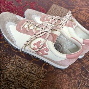 Tory Burch Women's Pink and Cream Lace-Up Sneakers - Pristine Condition